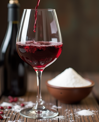 Verre de vin rouge being versé avec bouteille et poudre de sulfite