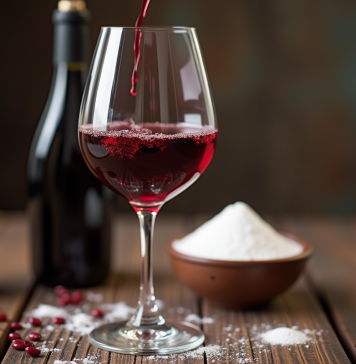 Verre de vin rouge being versé avec bouteille et poudre de sulfite