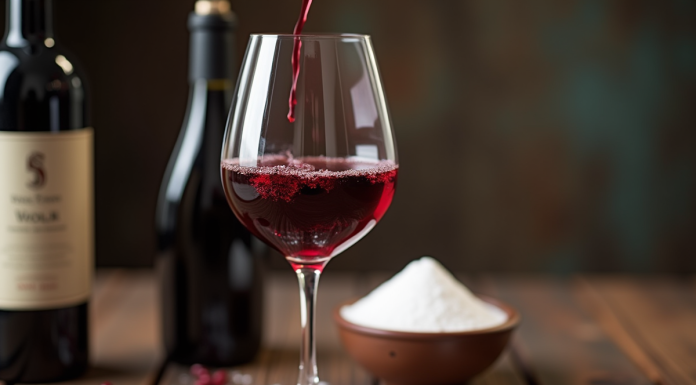 Verre de vin rouge being versé avec bouteille et poudre de sulfite