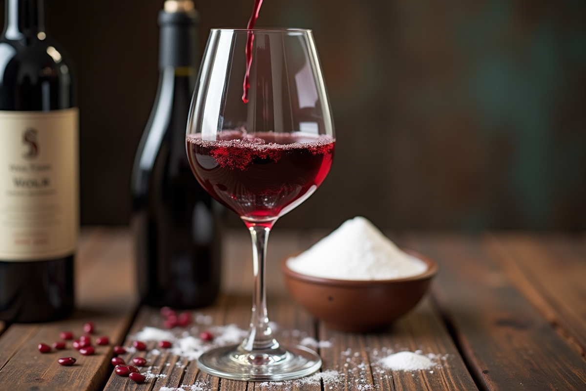 Verre de vin rouge being versé avec bouteille et poudre de sulfite