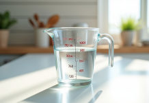 Verre mesureur de 200 ml sur plan de travail blanc