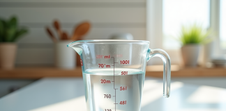 Verre mesureur de 200 ml sur plan de travail blanc