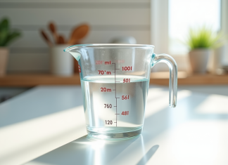 Verre mesureur de 200 ml sur plan de travail blanc