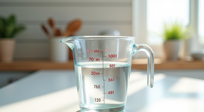 Verre mesureur de 200 ml sur plan de travail blanc