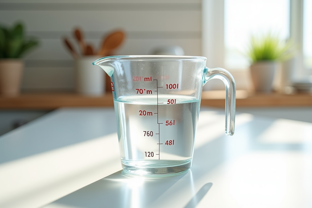 Verre mesureur de 200 ml sur plan de travail blanc