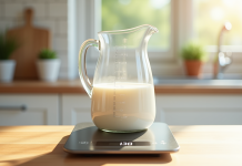 Verre mesureur de lait sur une balance avec affichage digital