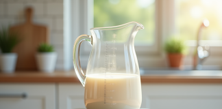 Verre mesureur de lait sur une balance avec affichage digital