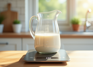 Comment convertir 120 g en ml : le petit manuel de mesure Verre mesureur de lait sur une balance avec affichage digital
