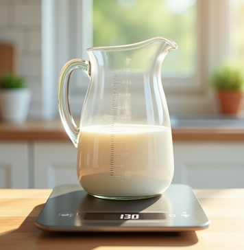 Verre mesureur de lait sur une balance avec affichage digital