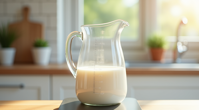 Verre mesureur de lait sur une balance avec affichage digital