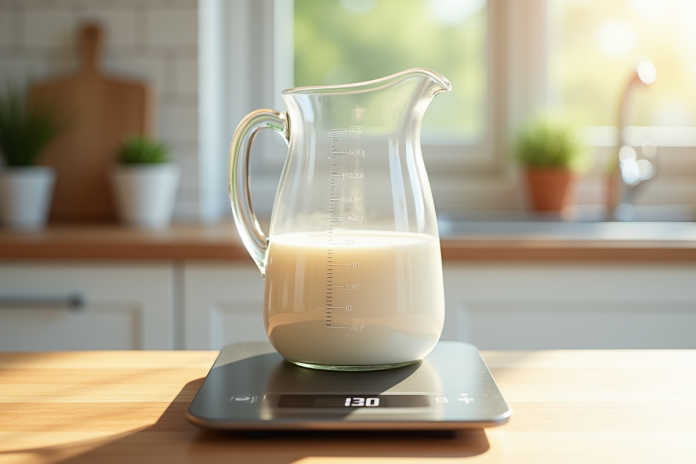 verre-mesure-lait-pesee Verre mesureur de lait sur une balance avec affichage digital