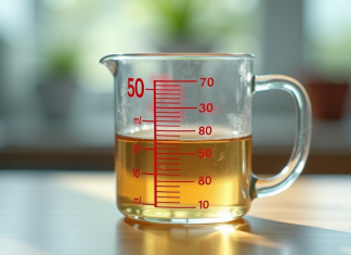 Verre mesureur avec liquide jusqu a 50 ml en gros plan