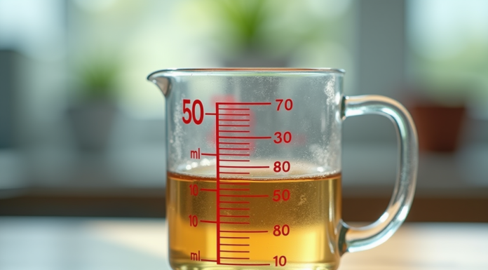 Verre mesureur avec liquide jusqu a 50 ml en gros plan