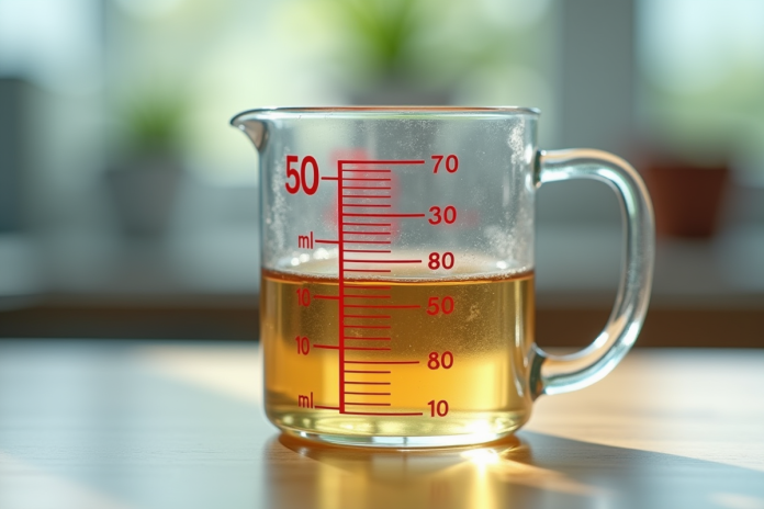 verre-mesure-liquide Verre mesureur avec liquide jusqu a 50 ml en gros plan