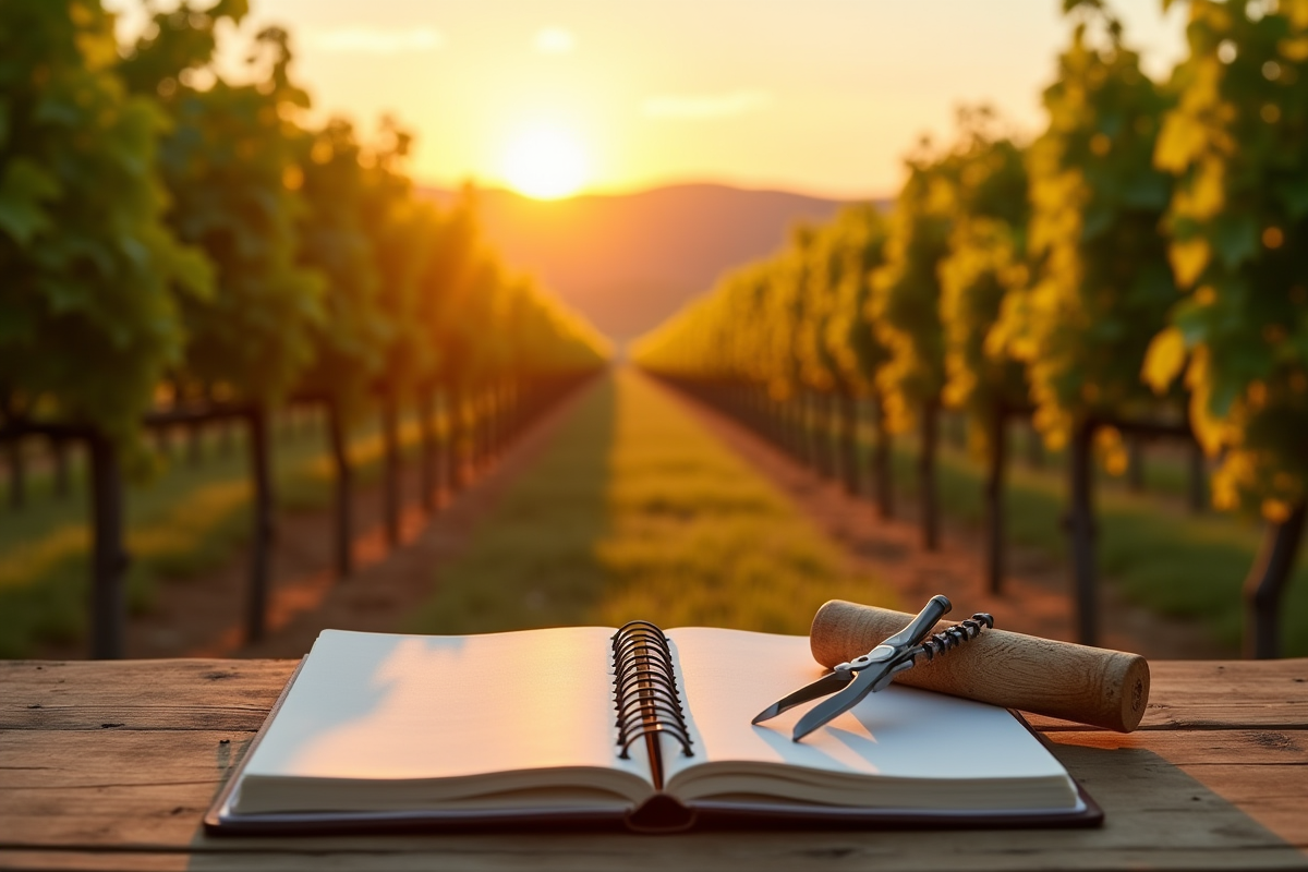 Vignoble au coucher de soleil avec carnet et tire-bouchon