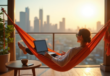 Personne relaxant dans un hamac sur un balcon ensoleille avec ordinateur