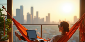 Personne relaxant dans un hamac sur un balcon ensoleille avec ordinateur