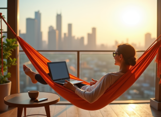 Gagner de l’argent facilement sans travailler : astuces pratiques et rentables ! Personne relaxant dans un hamac sur un balcon ensoleille avec ordinateur