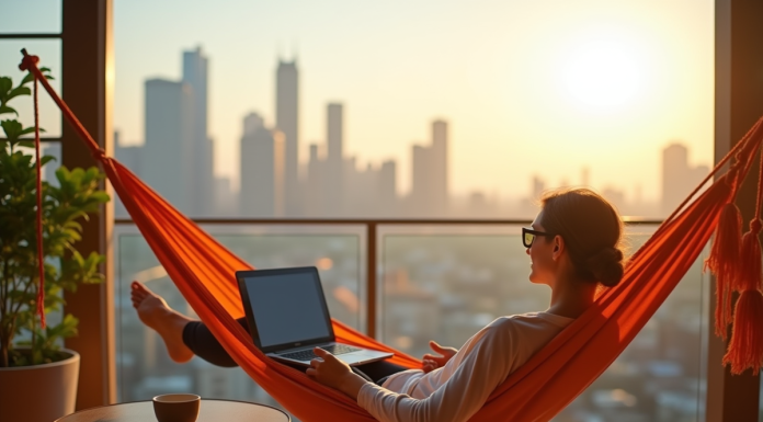 Personne relaxant dans un hamac sur un balcon ensoleille avec ordinateur