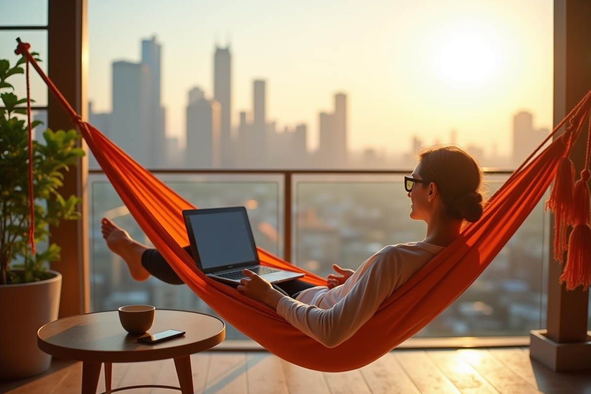 Personne relaxant dans un hamac sur un balcon ensoleille avec ordinateur