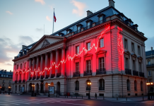 Bâtiment gouvernemental à Paris avec graphique financier rouge symbolisant la dette
