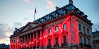 Bâtiment gouvernemental à Paris avec graphique financier rouge symbolisant la dette