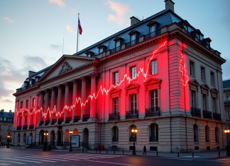 Dettes de la France : Pourquoi sont-elles si élevées ? Bâtiment gouvernemental à Paris avec graphique financier rouge symbolisant la dette