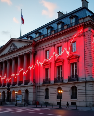 Bâtiment gouvernemental à Paris avec graphique financier rouge symbolisant la dette