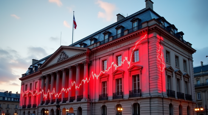 Bâtiment gouvernemental à Paris avec graphique financier rouge symbolisant la dette