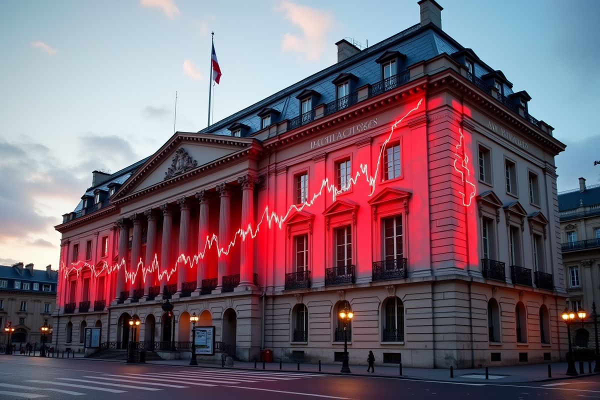 Bâtiment gouvernemental à Paris avec graphique financier rouge symbolisant la dette
