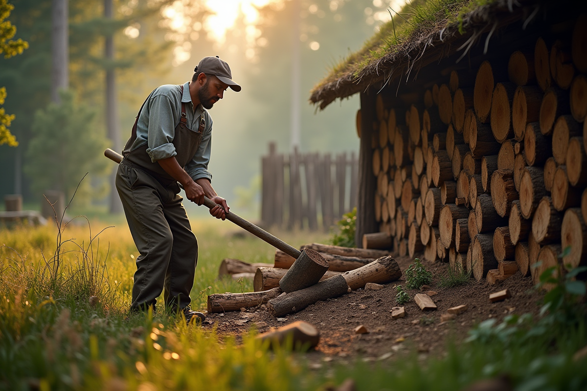 Bûcheron local coupant du bois dans un paysage rural
