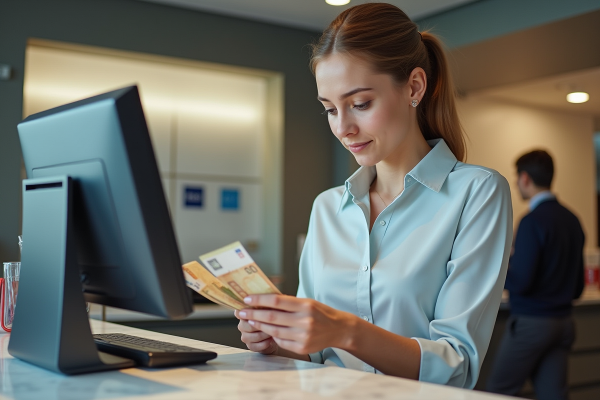 Jeune employée de banque comptant des billets en euros