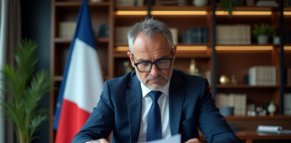 Economiste en costume regardant des rapports financiers français