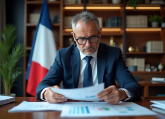 Economiste en costume regardant des rapports financiers français