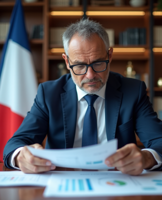 Economiste en costume regardant des rapports financiers français