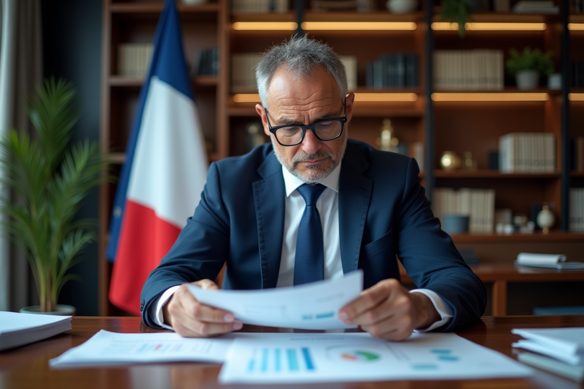 Economiste en costume regardant des rapports financiers français