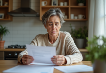 Femme d'âge moyen examine des documents immobiliers à la maison