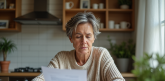 Femme d'âge moyen examine des documents immobiliers à la maison