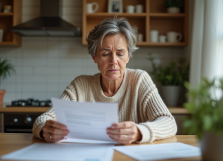 Femme d'âge moyen examine des documents immobiliers à la maison