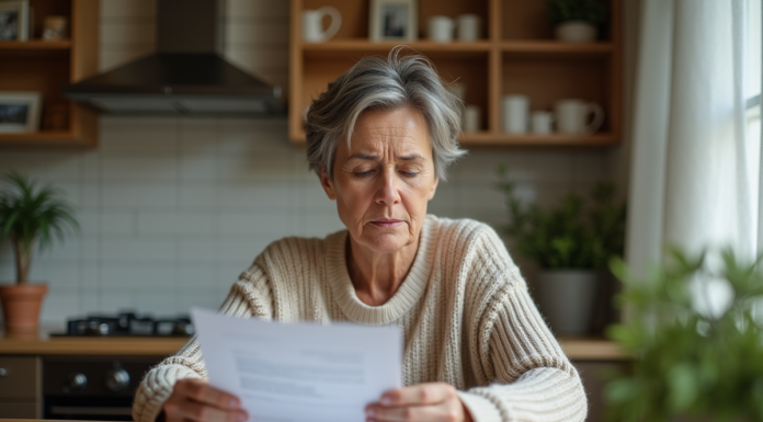 Femme d'âge moyen examine des documents immobiliers à la maison