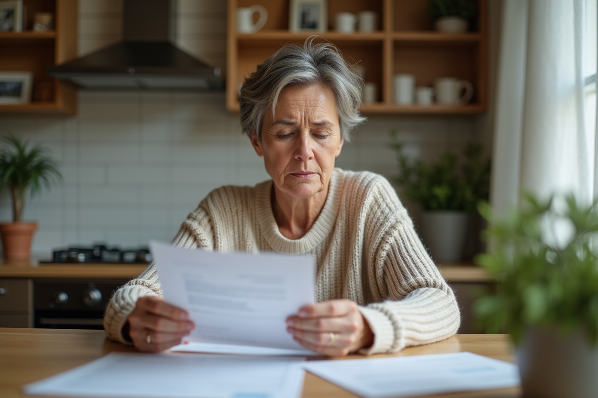 Femme d'âge moyen examine des documents immobiliers à la maison