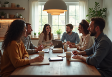 Groupe de personnes discutant finances à la cuisine