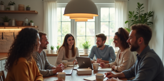 Groupe de personnes discutant finances à la cuisine