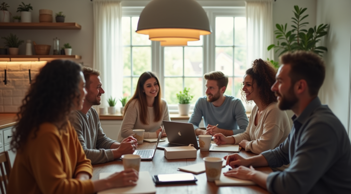 Groupe de personnes discutant finances à la cuisine