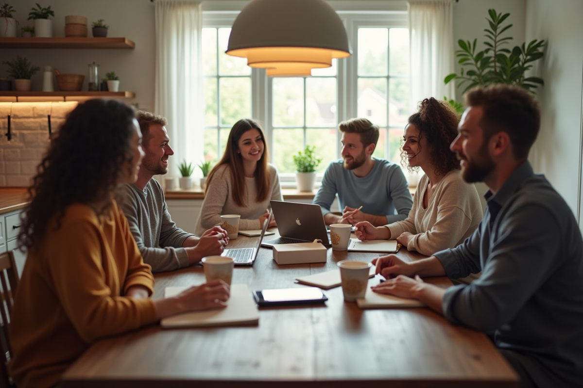 Groupe de personnes discutant finances à la cuisine