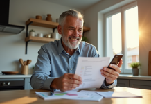 Homme confiant regardant documents financiers dans une cuisine lumineuse