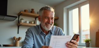 Homme confiant regardant documents financiers dans une cuisine lumineuse