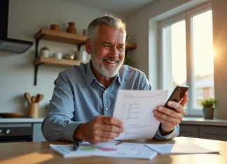 Homme confiant regardant documents financiers dans une cuisine lumineuse