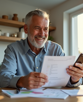 Homme confiant regardant documents financiers dans une cuisine lumineuse