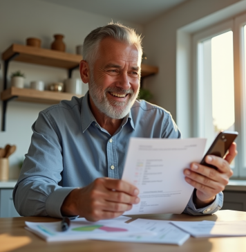 Homme confiant regardant documents financiers dans une cuisine lumineuse